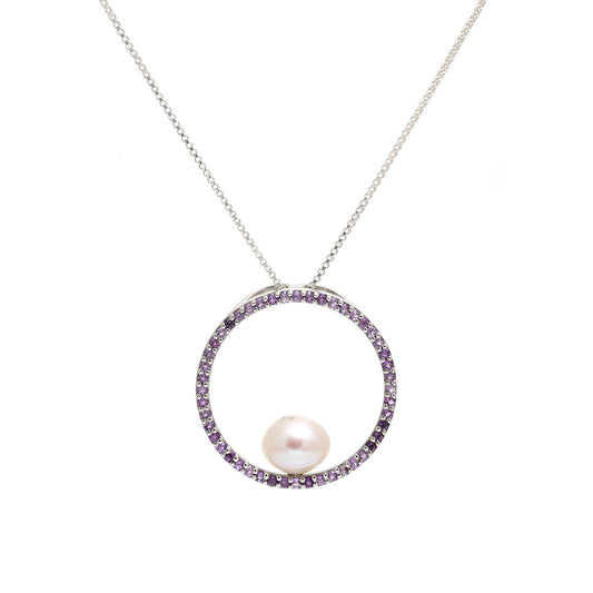 Zawieszka ze srebra próba 925 z brazylijskim ametystem i białą perłą słodkowodną