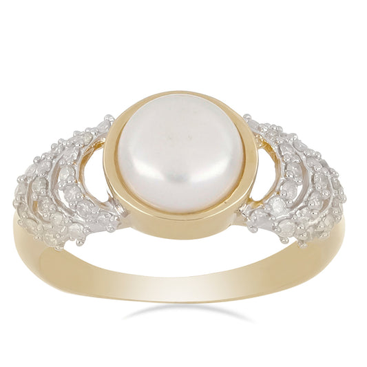 Pierścionek srebrny pozłacany z białą perłą słodkowodną i diamentem
