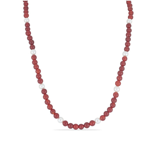 Naszyjnik srebrny pozłacany z czerwonym agatem i białą perłą słodkowodną