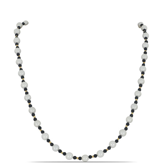 Naszyjnik srebrny pozłacany z czarnym spinelem i białą perłą słodkowodną