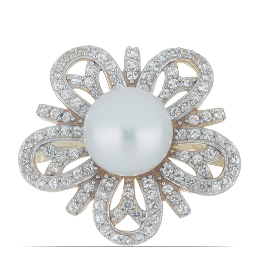 Pierścionek srebrny pozłacany z białą perłą słodkowodną i białym topazem