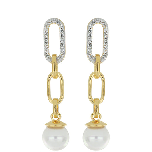 Kolczyki srebrne pozłacane z białą perłą słodkowodną i białym topazem