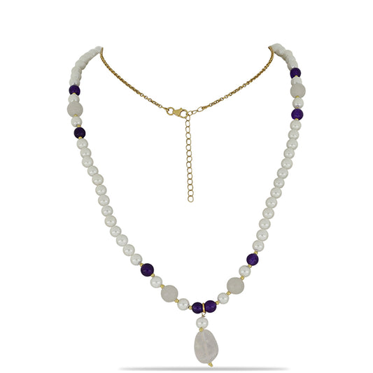 Naszyjnik srebrny pozłacany z purpurowym agatem i białą perłą słodkowodną