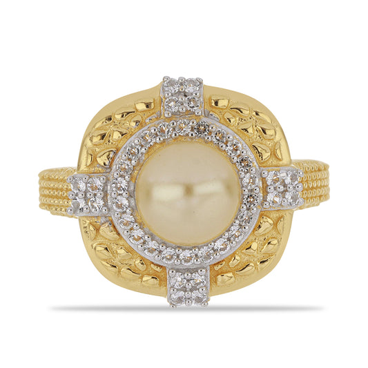 Pierścionek srebrny pozłacany ze złotą perłą z Morza Południowego i białym topazem