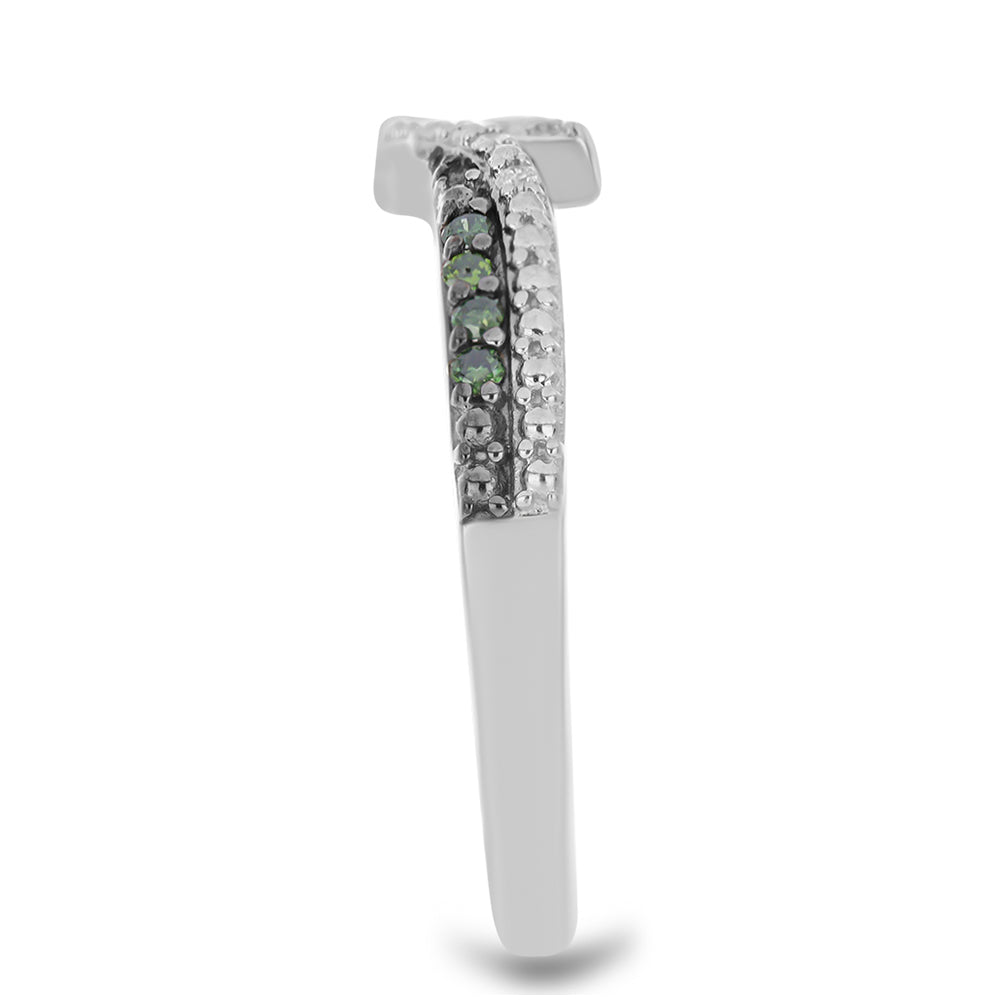Pierścionek ze srebra próby 925 z zielonym diamentem i białym diamentem