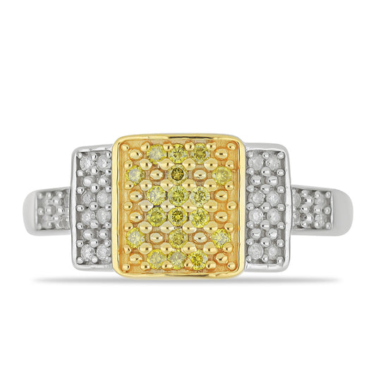 Pierścionek srebrny pozłacany z żółtym diamentem i białym diamentem