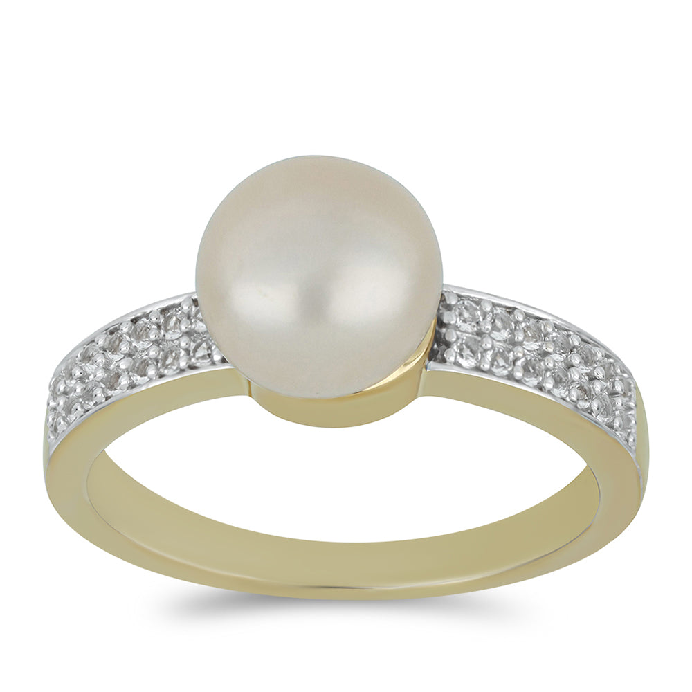Pierścionek srebrny pozłacany z brzoskwiniową perłą słodkowodną i białym topazem