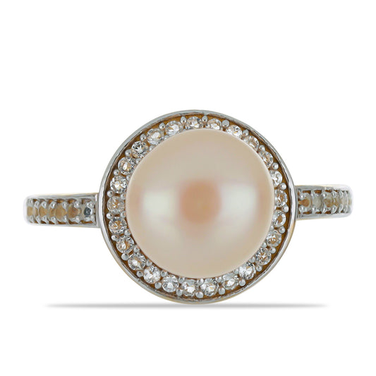 Pierścionek srebrny pozłacany z brzoskwiniową perłą słodkowodną i białym topazem
