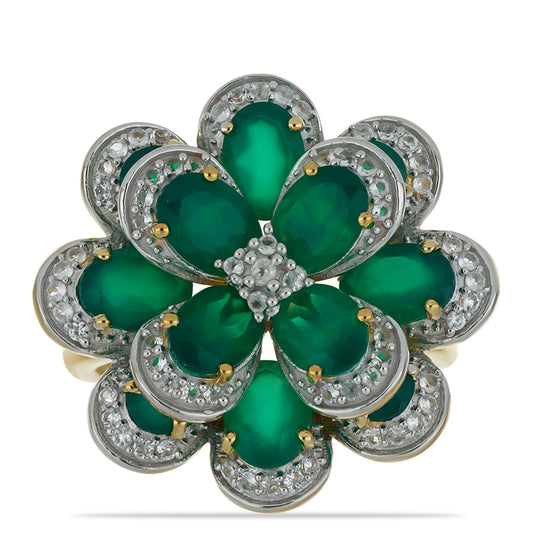 Pierścionek srebrny pozłacany z zielonym agatem
 i białym topazem