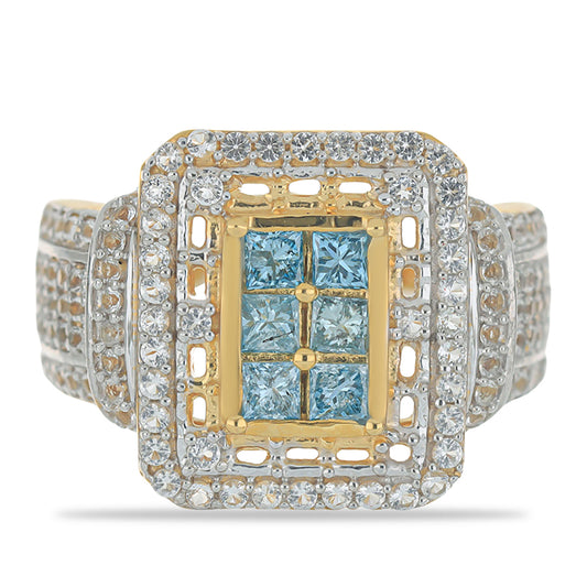 Pierścionek srebrny pozłacany z niebieskim diamentem i białym topazem
