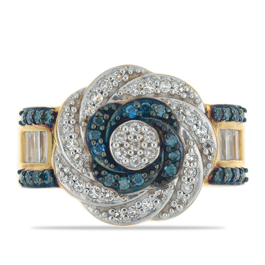 Pierścionek srebrny pozłacany z niebieskim diamentem i białym cyrkonem