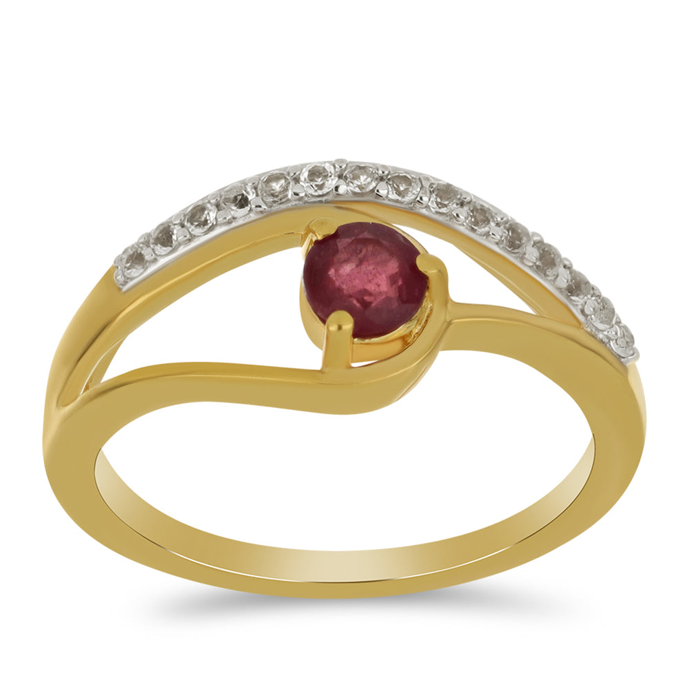 Pierścionek srebrny pozłacany z malgaskim rubinem i białym topazem