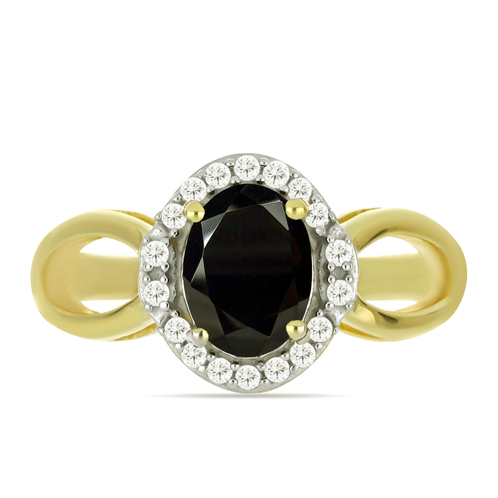 Pierścionek srebrny pozłacany z czarnym onyksem i białym topazem