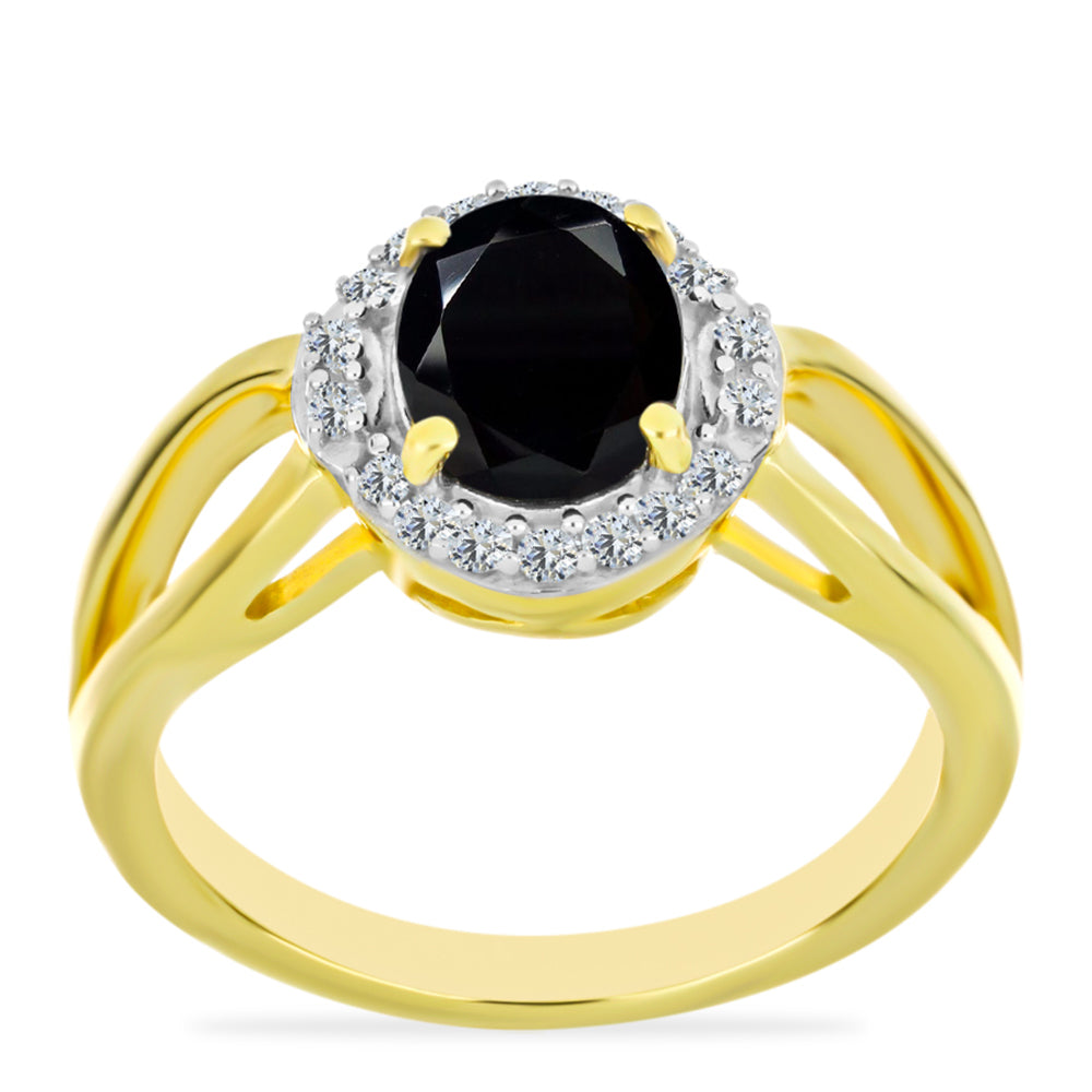 Pierścionek srebrny pozłacany z czarnym onyksem i białym topazem