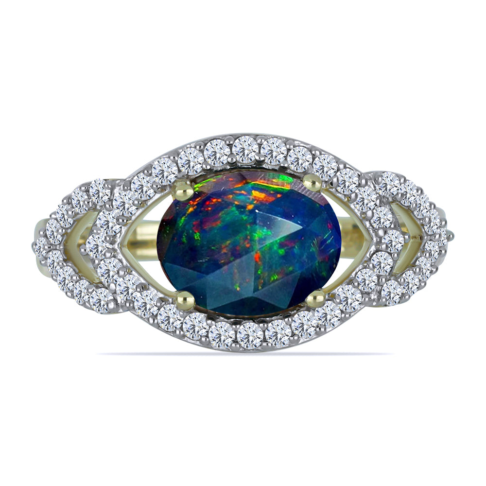 Pierścionek srebrny pozłacany z czarnym etiopskim opalem Lega Dembi i białym topazem 1 