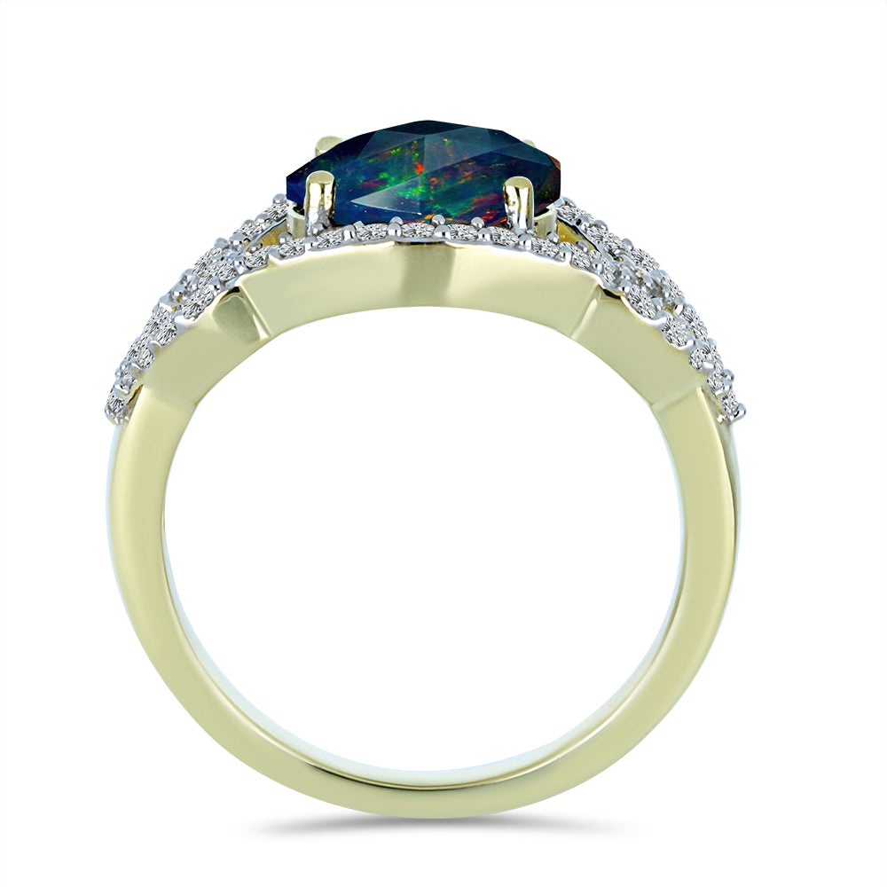 Pierścionek srebrny pozłacany z czarnym etiopskim opalem Lega Dembi i białym topazem 2 