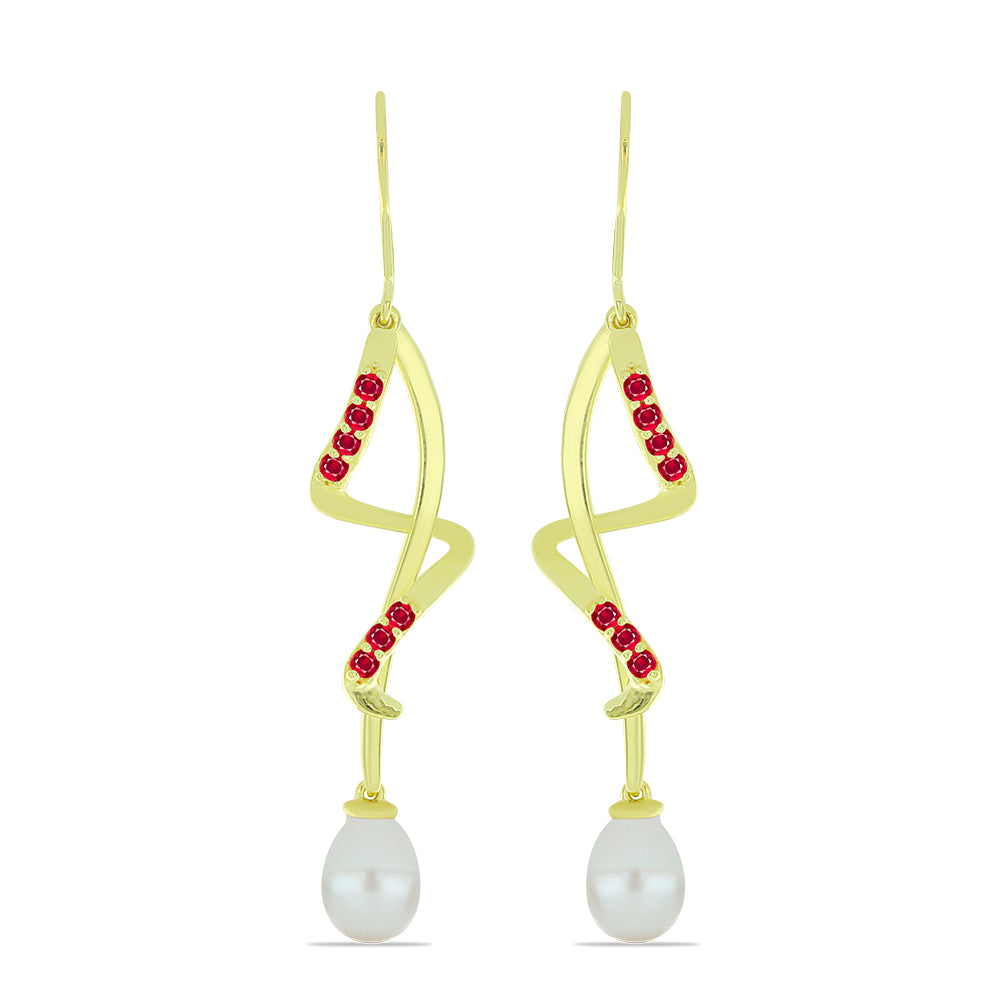 Kolczyki srebrne pozłacane z białą perłą słodkowodną i malgaskim rubinem