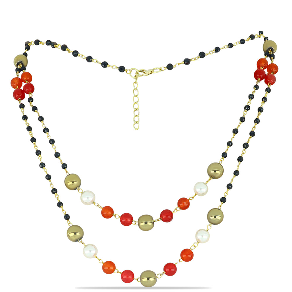 Naszyjnik srebrny pozłacany z obsidianem i białą perłą słodkowodną