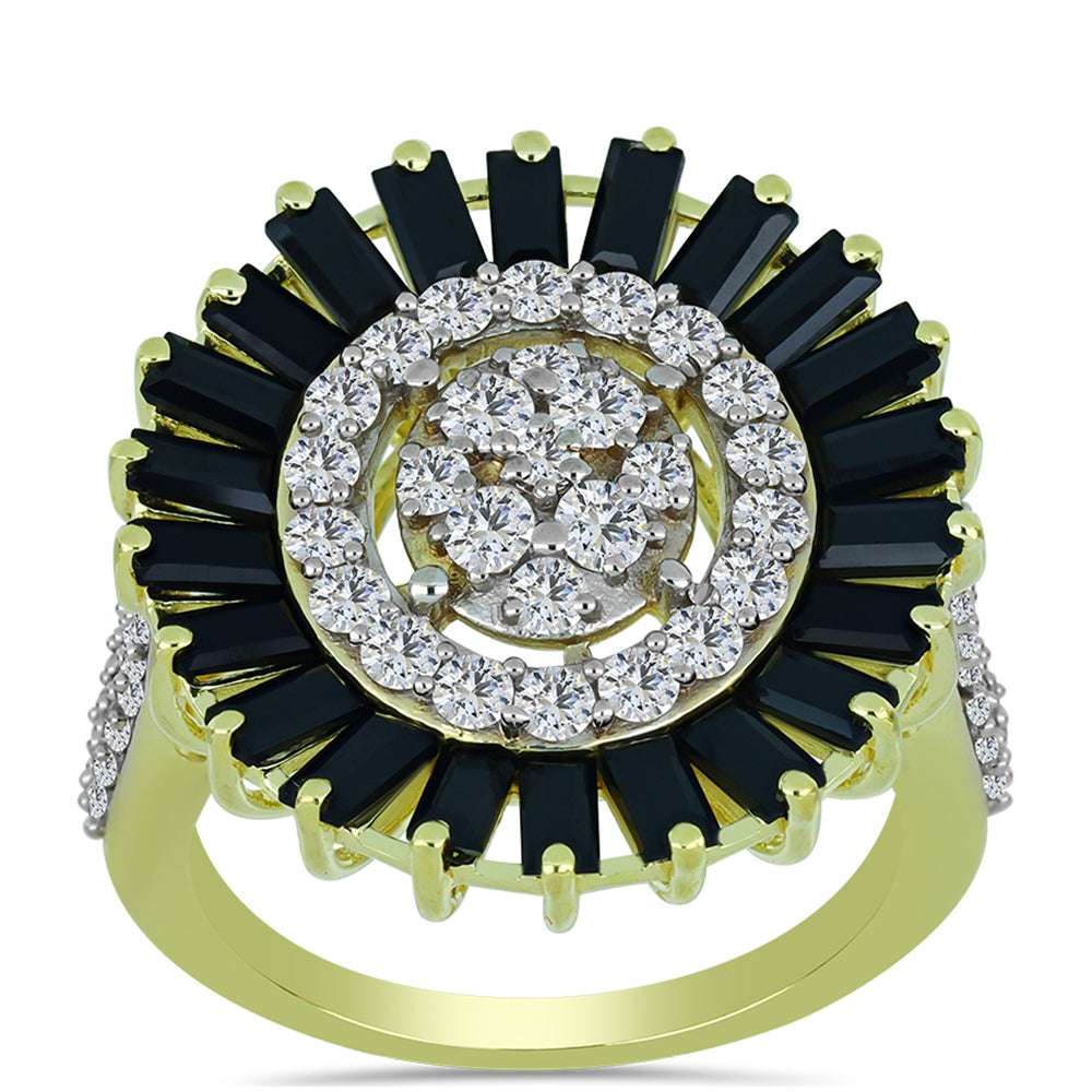 Pierścionek srebrny pozłacany z obsidianem i białym topazem