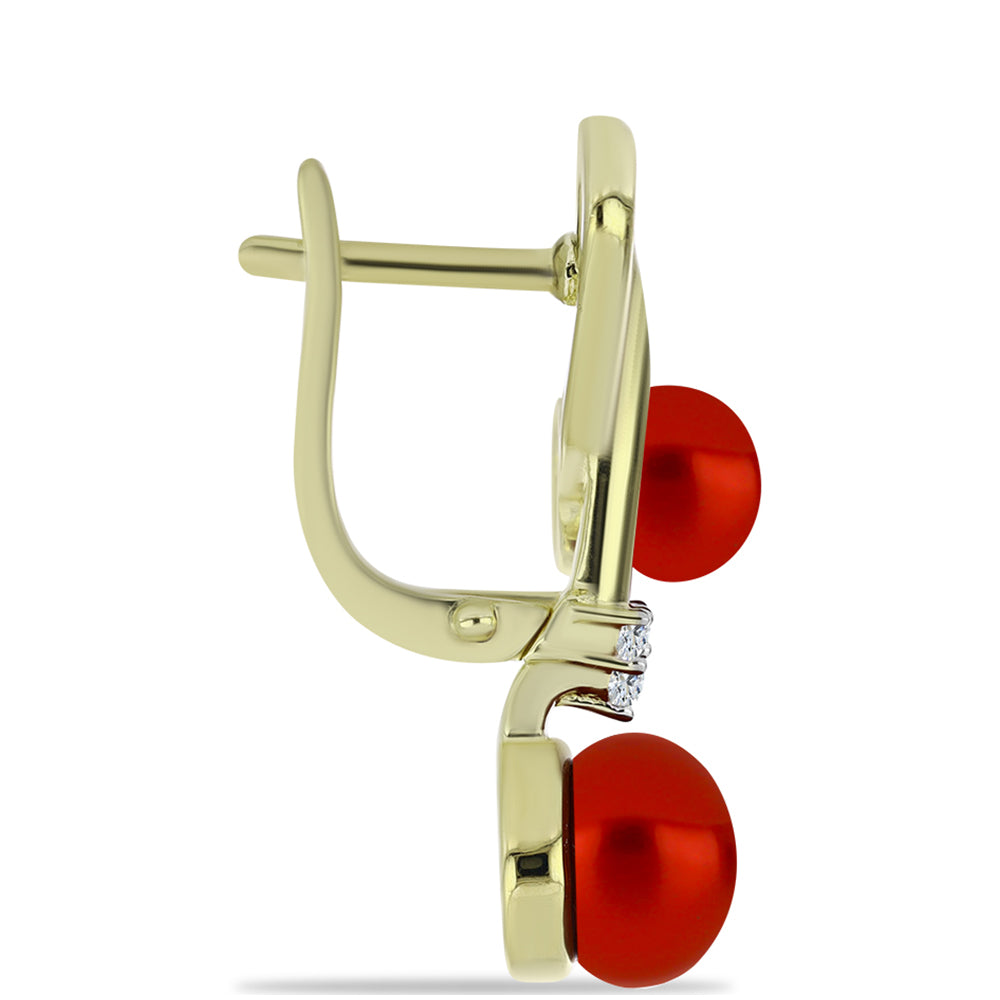 Kolczyki srebrne pozłacane z czerwoną perłą słodkowodną i białym topazem