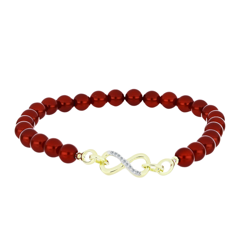 Bransoletka srebrna pozłacana z czerwoną perłą słodkowodną i białym topazem