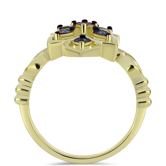 Pierścionek srebrny pozłacany z tańczącym niebieskim diamentem