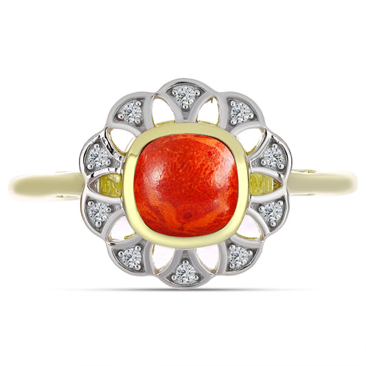 Pierścionek srebrny pozłacany z czerwoną gąbką koralową i białym topazem