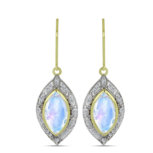 Kolczyki srebrne pozłacane z tęczowym kamieniem księżycowym i białym topazem