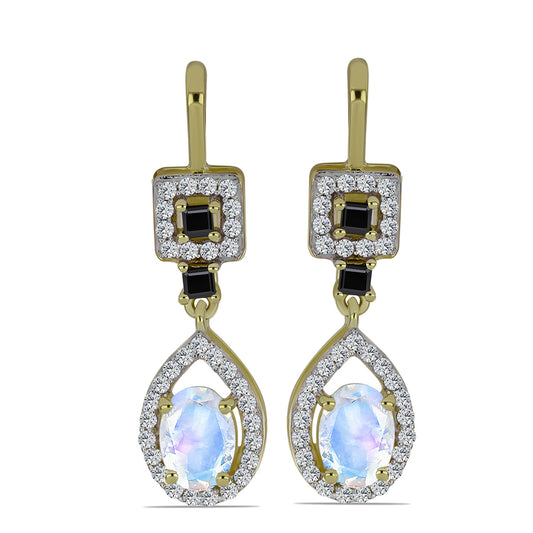 Kolczyki srebrne pozłacane z tęczowym kamieniem księżycowym i czarnym spinelem