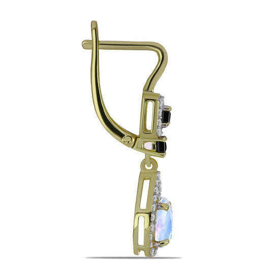 Kolczyki srebrne pozłacane z tęczowym kamieniem księżycowym i czarnym spinelem