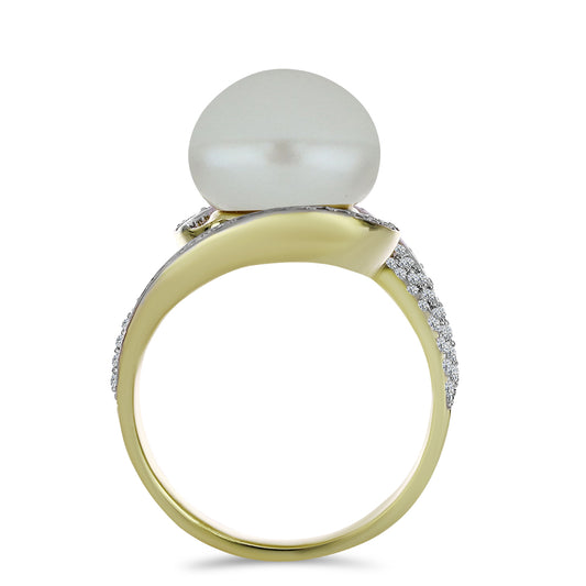Pierścionek srebrny pozłacany z białą perłą słodkowodną i białym topazem