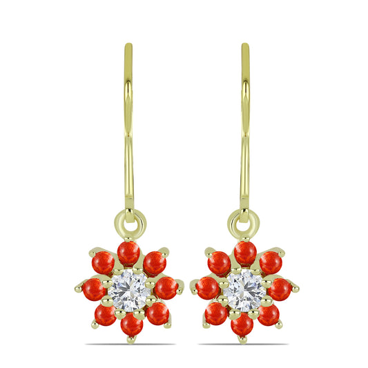 Kolczyki srebrne pozłacane z czerwoną gąbką koralową i białym topazem