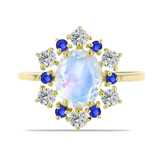 Pierścionek srebrny pozłacany z tęczowym kamieniem księżycowym i australijskim niebieskim szafirem