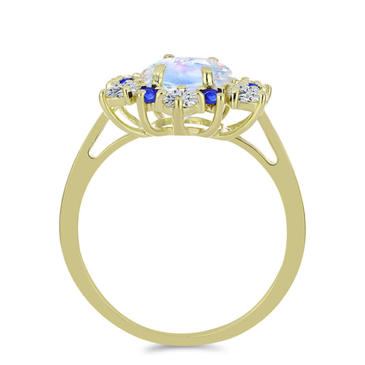Pierścionek srebrny pozłacany z tęczowym kamieniem księżycowym i australijskim niebieskim szafirem