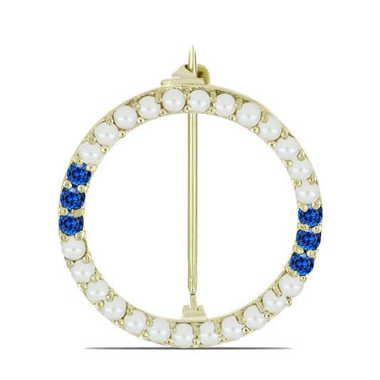 Broszka srebrny pozłacany z białą perłą słodkowodną i australijskim niebieskim szafirem