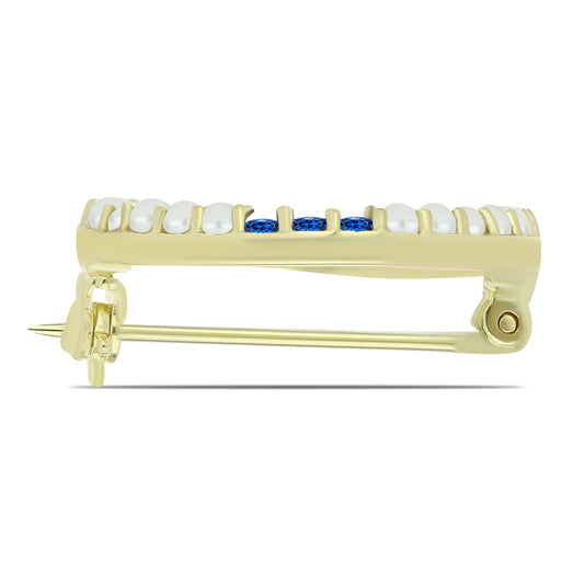 Broszka srebrny pozłacany z białą perłą słodkowodną i australijskim niebieskim szafirem