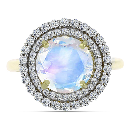 Pierścionek srebrny pozłacany z tęczowym kamieniem księżycowym i akwamarynem