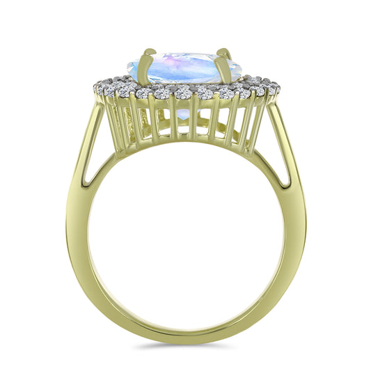 Pierścionek srebrny pozłacany z tęczowym kamieniem księżycowym i akwamarynem