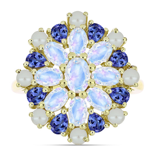 Pierścionek srebrny pozłacany z białą perłą słodkowodną i tanzanitem