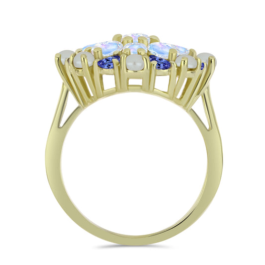 Pierścionek srebrny pozłacany z białą perłą słodkowodną i tanzanitem