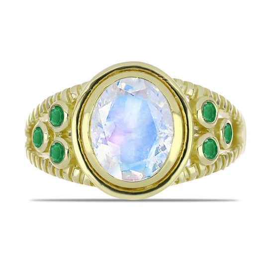 Pierścionek srebrny pozłacany z tęczowym kamieniem księżycowym i brazylijskim szmaragdem