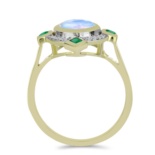 Pierścionek srebrny pozłacany z tęczowym kamieniem księżycowym i brazylijskim szmaragdem