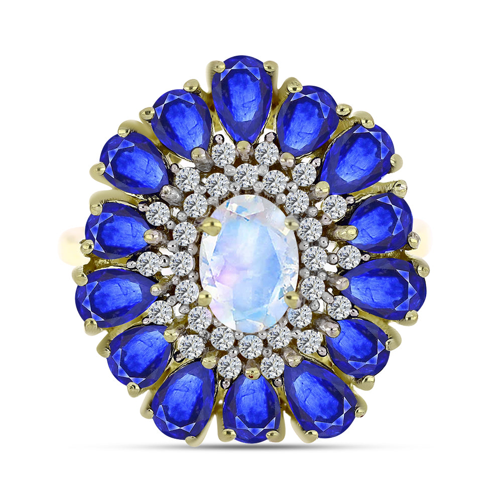 Pierścionek srebrny pozłacany z tęczowym kamieniem księżycowym i australijskim niebieskim szafirem