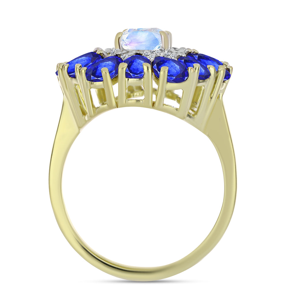 Pierścionek srebrny pozłacany z tęczowym kamieniem księżycowym i australijskim niebieskim szafirem 2 