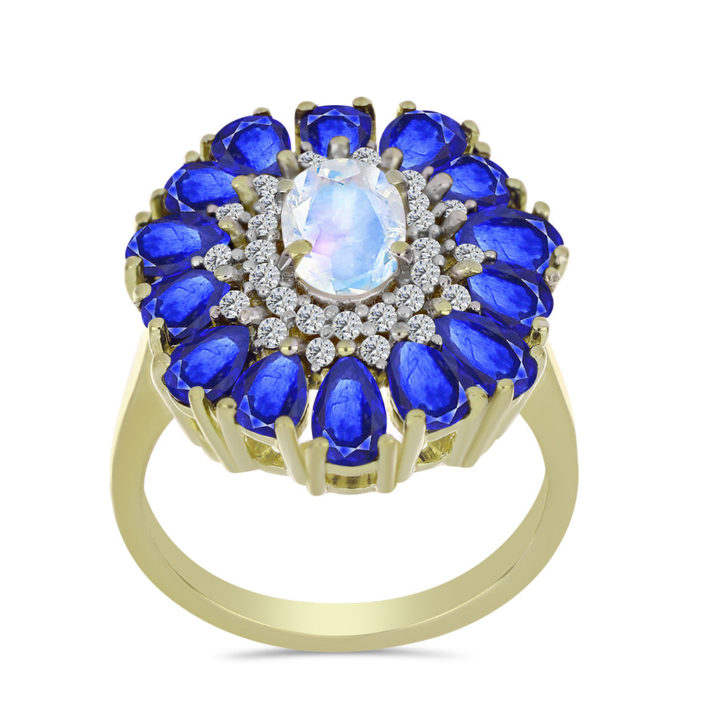 Pierścionek srebrny pozłacany z tęczowym kamieniem księżycowym i australijskim niebieskim szafirem 3 