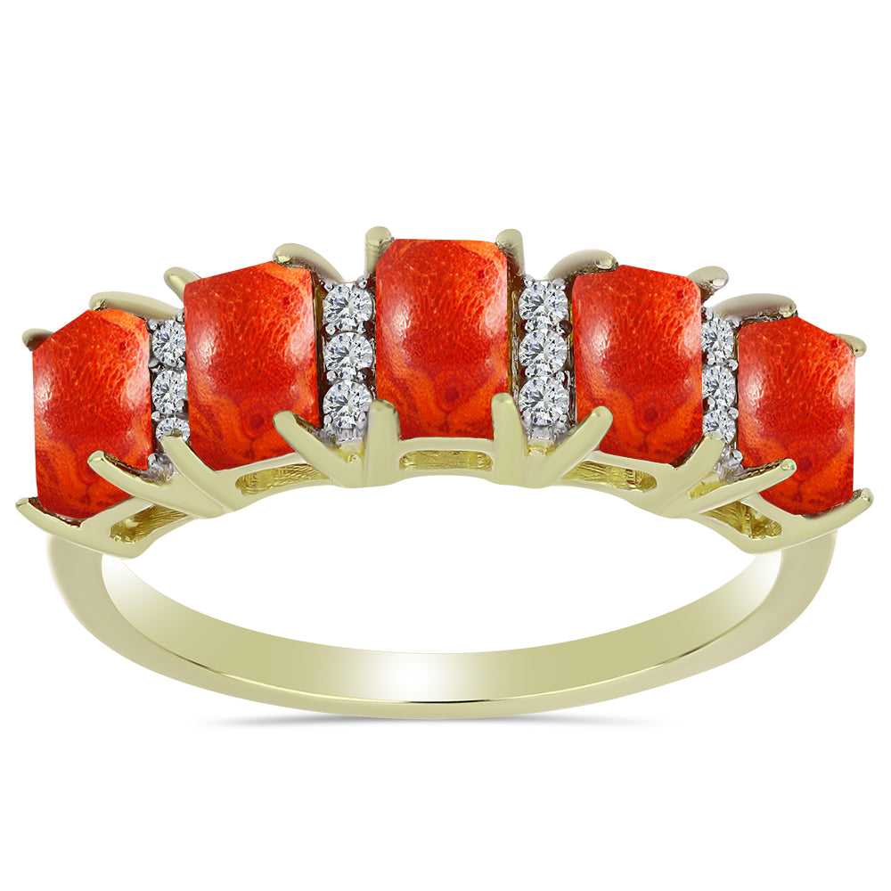 Pierścionek srebrny pozłacany z czerwoną gąbką koralową i białym topazem 1 