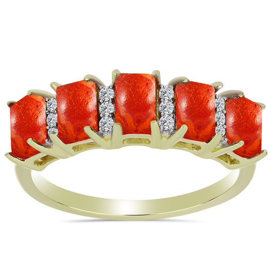 Pierścionek srebrny pozłacany z czerwoną gąbką koralową i białym topazem