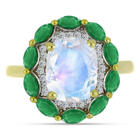 Pierścionek srebrny pozłacany z tęczowym kamieniem księżycowym i brazylijskim szmaragdem