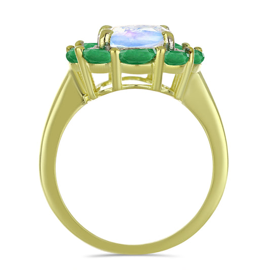 Pierścionek srebrny pozłacany z tęczowym kamieniem księżycowym i brazylijskim szmaragdem