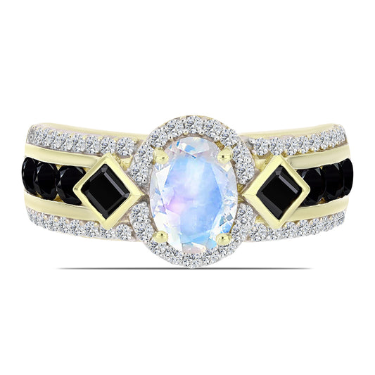 Pierścionek srebrny pozłacany z tęczowym kamieniem księżycowym i czarnym spinelem